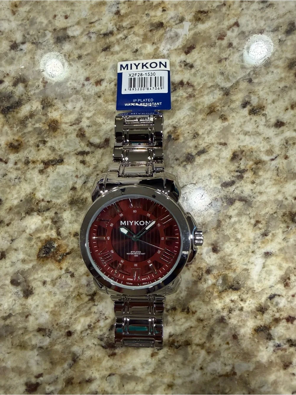 Miykon Men's Silver Stainless Steel Quartz Watch - Water-Resistant, Red Dial